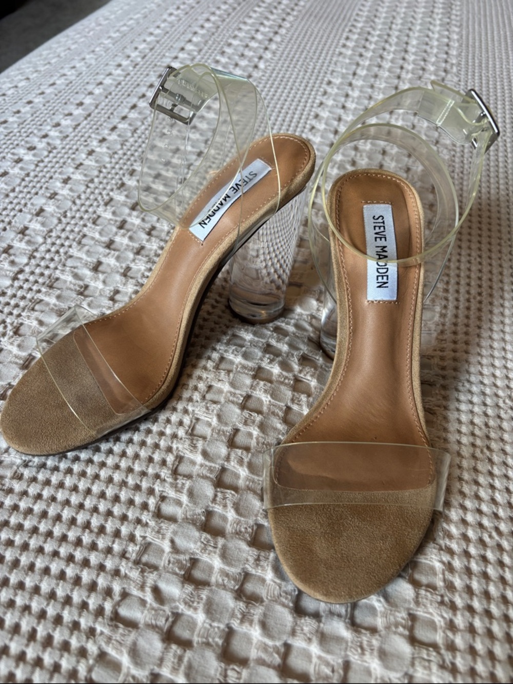 Steve Madden Clear Strap Tan Suede Block Heels
